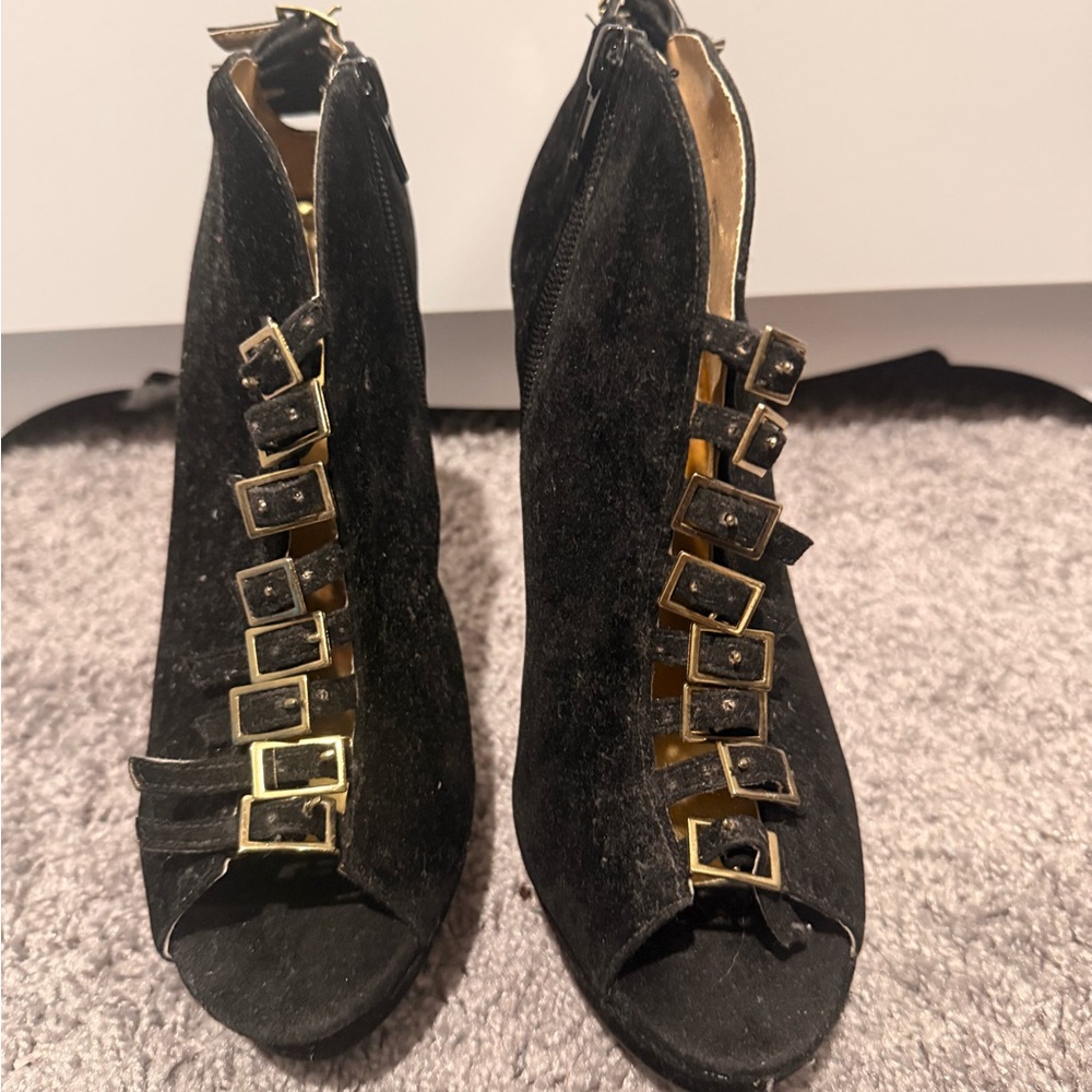 Shoe Dazzle Black Peep-Toe Boots with Gold Buckles